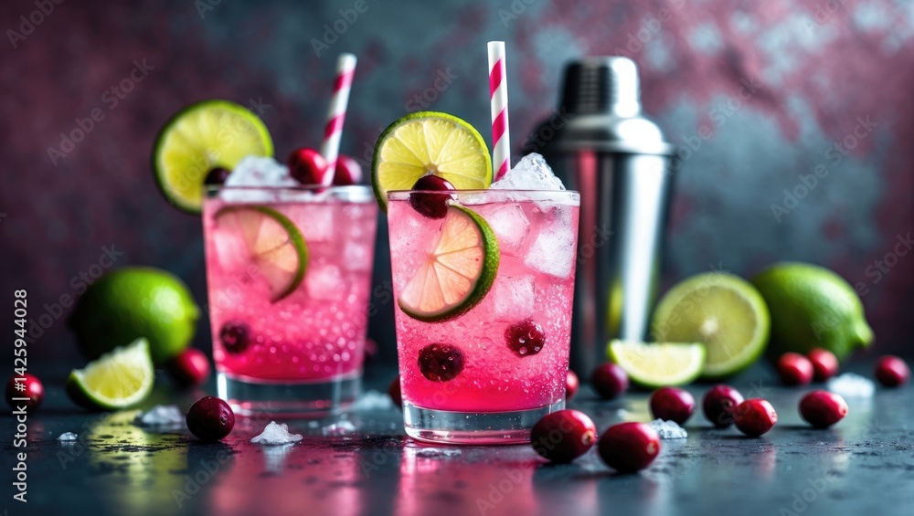 Poster Cranberry Lemonade with Lime and Ice on a Metallic Background