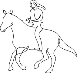 Abstract one continuous line drawing of a Woman riding a horse. 