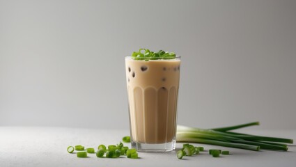 Chilled iced coffee featuring fresh spring onions