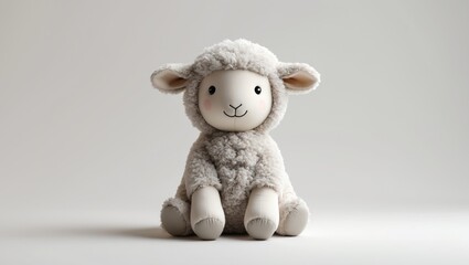 Adorable stuffed sheep toy on plain white backdrop