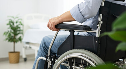 Obraz premium Close-up of a hand on a wheelchair steering wheel in a bright hospital room with a plant