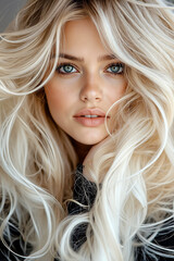 A woman with long blonde hair and blue eyes