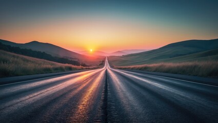 Sunset over a mountain and country road