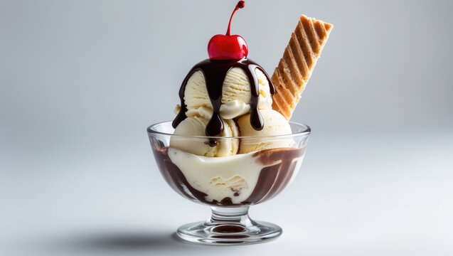 Scrumptious vanilla ice cream sundae with chocolate drizzle, wafer, and cherry on top