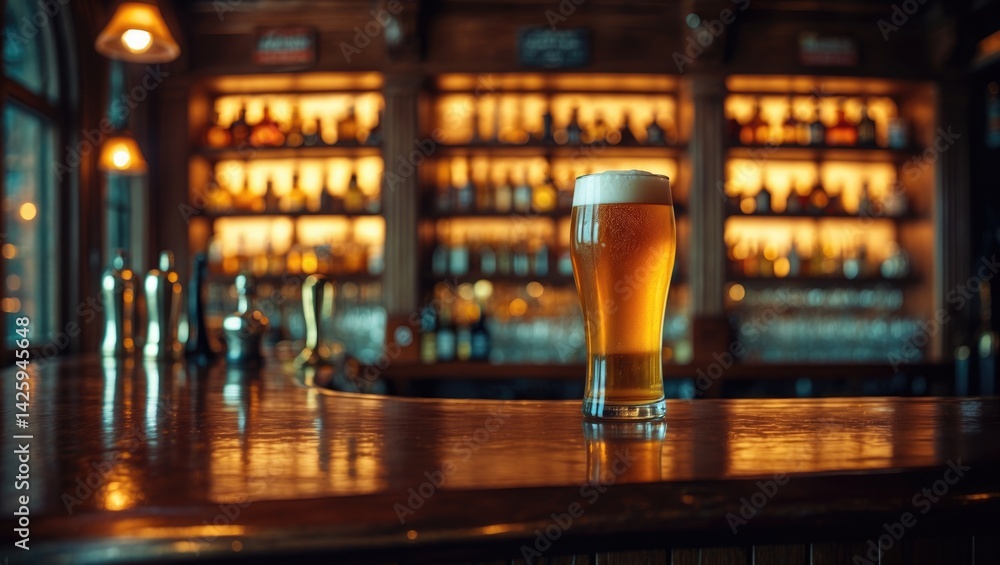 Aufkleber chilled beer pint on pub counter with bokeh background