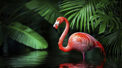 Fototapeta premium vibrant flamingo wading gracefully in serene lake surrounded by lush green foliage, creating tranquil atmosphere