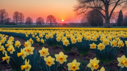 Vibrant flower field in bloom featuring yellow Narcissus or daffodils