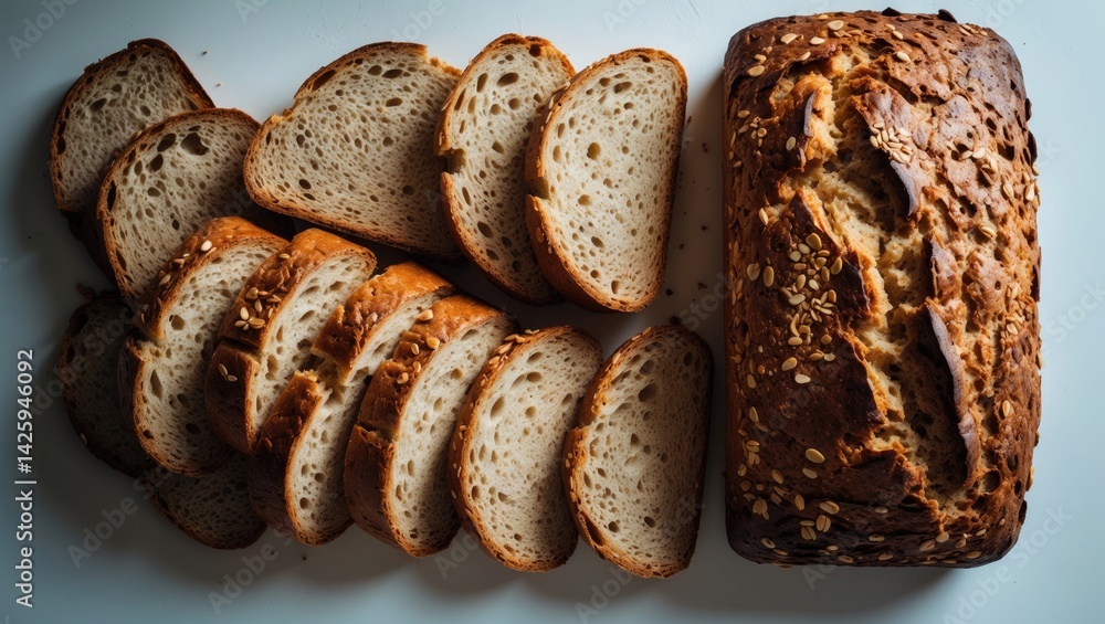 Poster creative layout featuring multi cereal bread on background. flat lay food concept. macro perspective