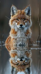 Obraz premium a red fox is reflected in the water