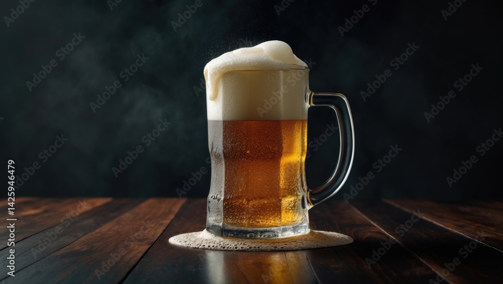 Poster frosty beer mug filled with foam resting on wooden surface, dark background with blank space for bra