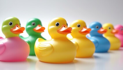 Colorful yellow ducky toy trapped in water with rubber background