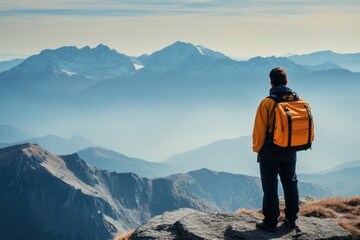 Fototapeta premium Hiker enjoying a breathtaking mountain view during the early morning hours