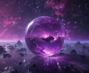 Fototapeta premium Floating luminous orb, vibrant purple nebulae create a cosmic dreamscape , celestial, background, purple