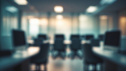 Fototapeta premium Blurry dark office interior with desk and window