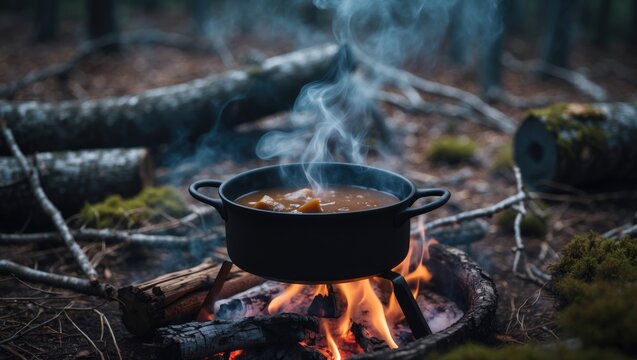 Wanderer's Lunch: Hot Soup in a Fire Pot with Beef Broth for Travelers