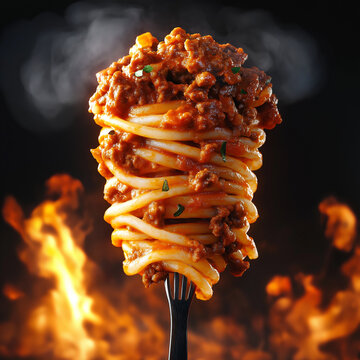 
A compelling image of spaghetti bolognese wrapped around a fork: graphical composition, studio lighting, photorealistic, 4k