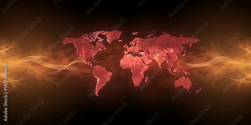 Poster red world map with glowing orange energy waves against a dark gradient background display