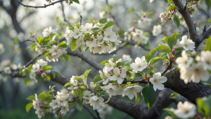 Macro shot of a natural background featuring spring blossoms with white apple blossoms on branches in a garden