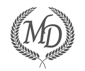 Initial letter M and D, MD monogram logo design with laurel wreath. Luxury calligraphy font.