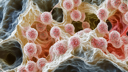 A microscopic view of synthetic immune cells bonding with human tissues, forming a revolutionary symbiotic relationship for disease prevention