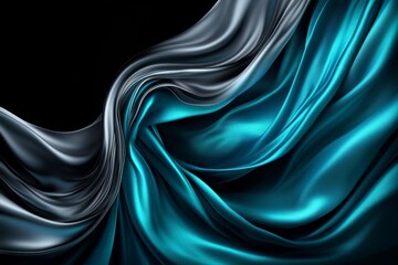 Obraz premium 3D render, abstract background with blue and turquoise waves of liquid metal, silk-like texture, smooth flow of glossy satin cloth, elegant design, close-up, macro view