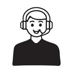 A cartoon illustration depicts a smiling businessman with a headset icon, representing a customer service operator offering support