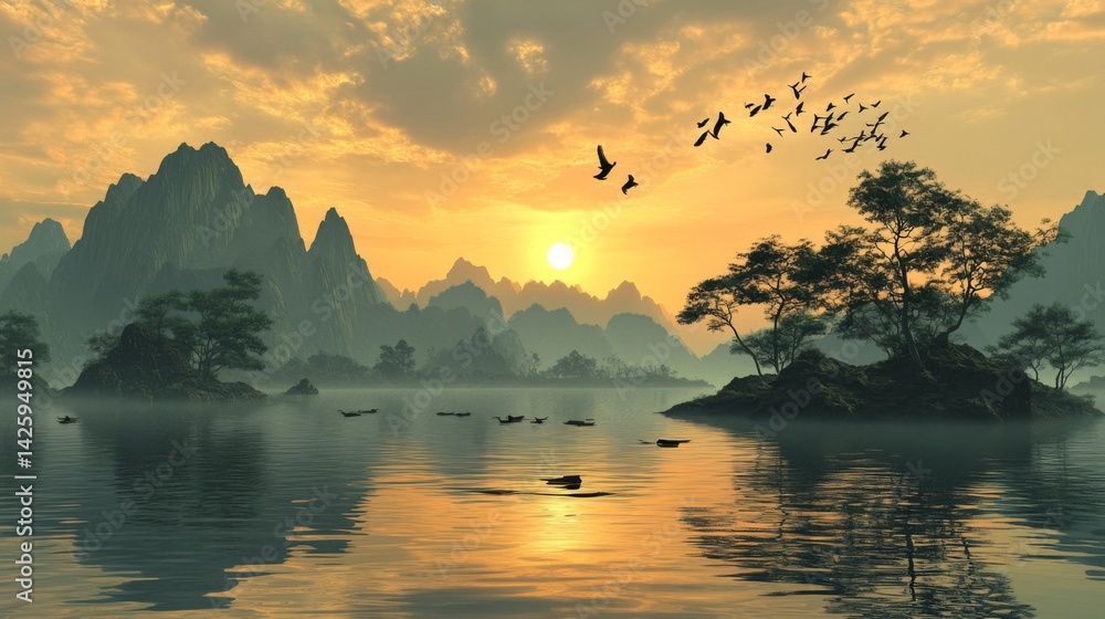 Poster scenic sunrise over a lake with reflections of mountains and trees, creating a tranquil new years da