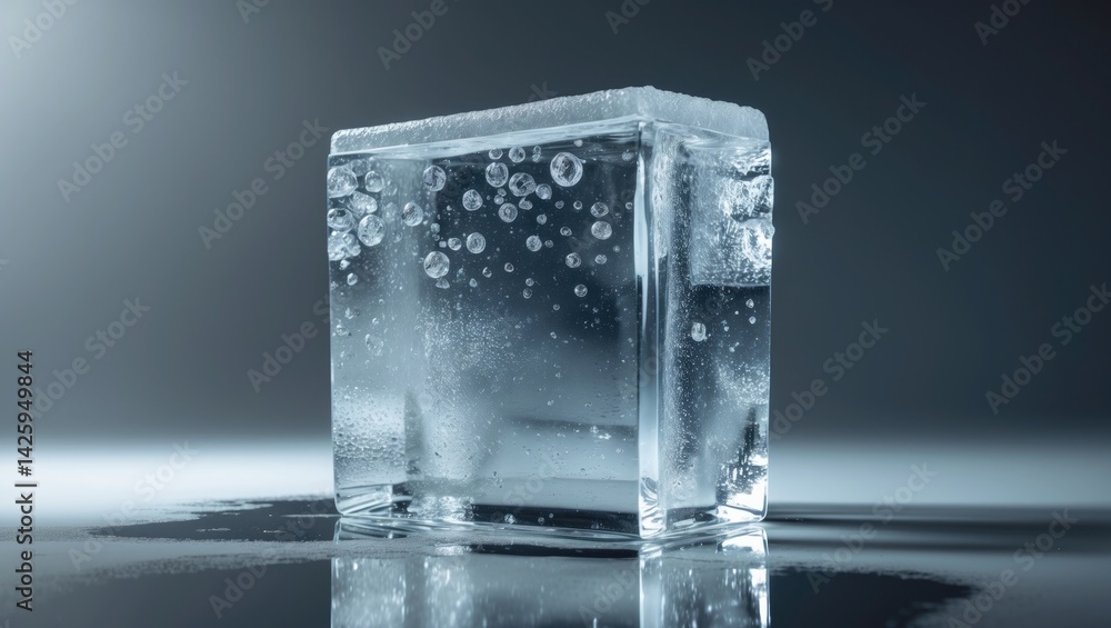 Poster Translucent ice cube with textured surface reflecting on a shiny mirror surface