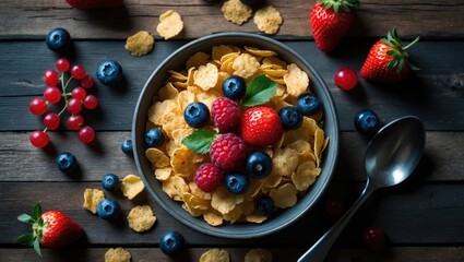 Breakfast dish featuring cornflakes and berries on a table