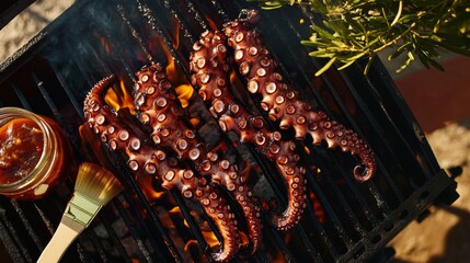 Smoky, charred octopus skewers resting on a grill, with a basting brush and marinade jar nearby for a vibrant culinary scene