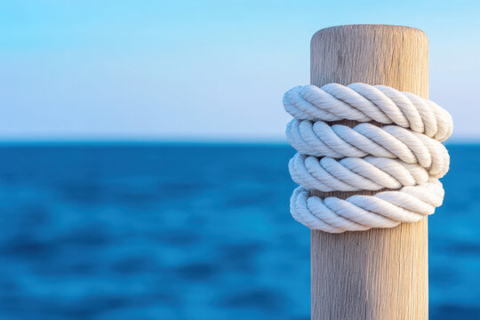 thick white rope is tightly coiled around wooden post, set against serene blue ocean backdrop. image evokes sense of calm and tranquility, perfect for maritime themes