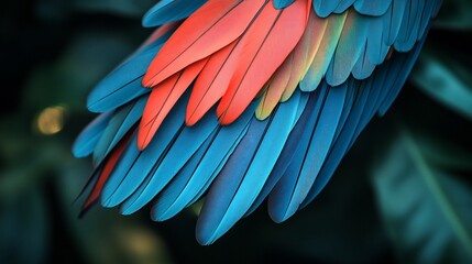 Obraz premium Vibrant Macaw Tail Feathers Close-up, Tropical Foliage