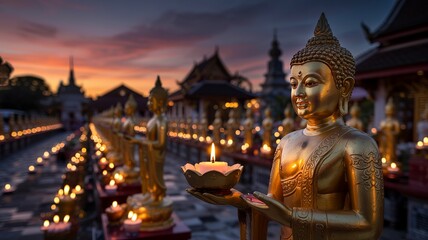 Fototapeta premium Golden Buddhas and Candle Offerings at Twilight in Temple Courtyard