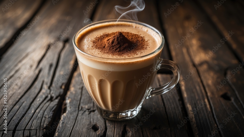 Poster Coffee latte with whipped cream on a wooden table in autumn