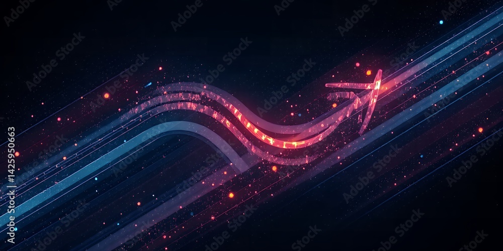 Poster abstract dark background with glowing lines, particles, and a stylized arrow shape design