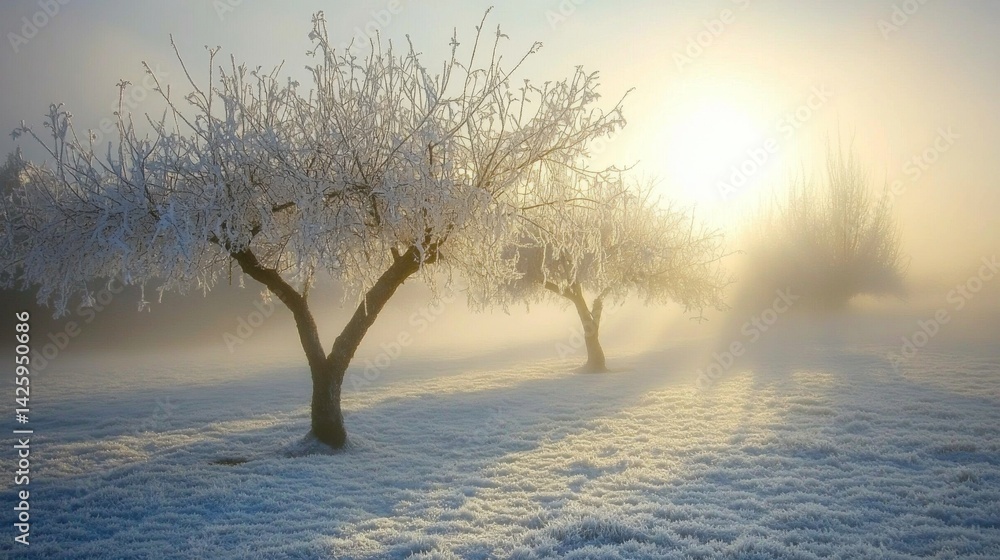 Poster soft sunlight shining through frosty trees in a winter landscape, with snow sparkling on the ground,