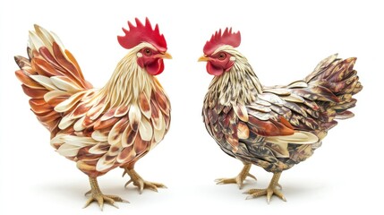 Fototapeta premium Two decorative rooster and hen figurines, meticulously crafted with intricate feather detailing