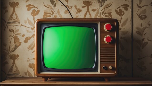 Old-School 60s and 70s Style TV Display with Wooden Frame and Blank Screen