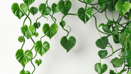 Obraz premium Twisted Heart-Shaped Green Leaves of Tuberous Climbing Vine in Jungle Plant Bush on White Background