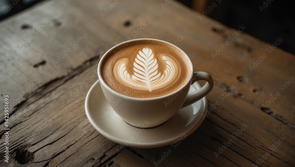 Poster cappuccino served in a mug on a wooden table with a stylish background