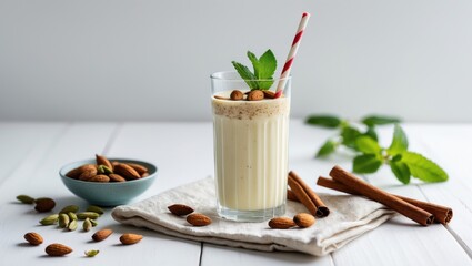 Spiced Indian almond lassi with curd served in a glass with a striped stick on white background