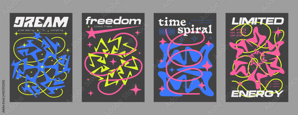 Aufkleber cool y2k posters vector design. brutalist abstract geometric shape placards. acid rave cybersigilism