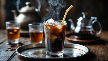 Fototapeta premium Chilled Black Coffee in a Glass with a Coffee Background