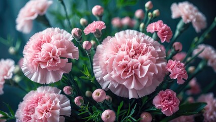 A stunning floral display with soft pink carnations and ruffled petals amidst lush greenery and delicate blossoms.