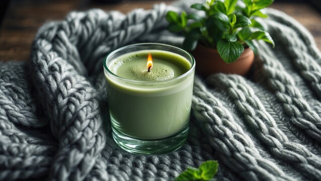 Isolated white milk and green tea latte with whipped foam in a cozy winter setting