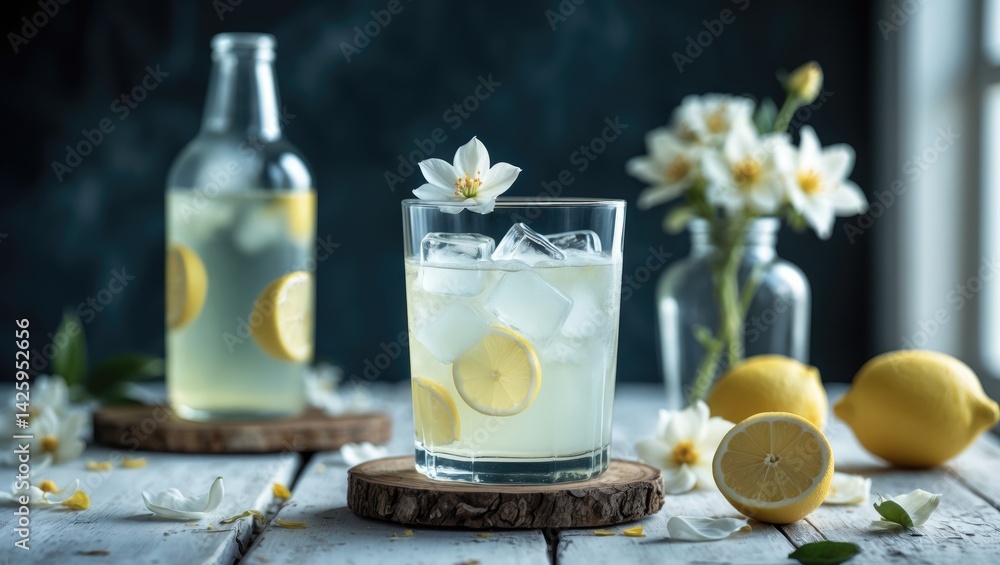 Poster chilled lemonade infused with jasmine syrup and jasmine flower syrup in a bottle, accompanied by a r