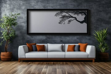 A large wall frame mockup in the living room, with grey walls and soft white furniture. The style is minimalistic and elegant, with natural light from the window, a warm wooden floor, and soft