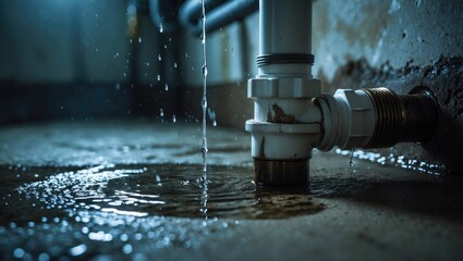 Shower tray siphon leak leading to water damage from improper installation or clogged pipe, including renovation, drying, and repair, side perspective.