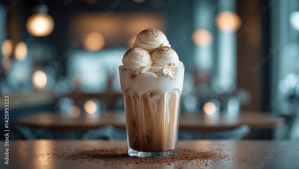 Poster creamy vanilla latte with foam and ice for a refreshing summer drink
