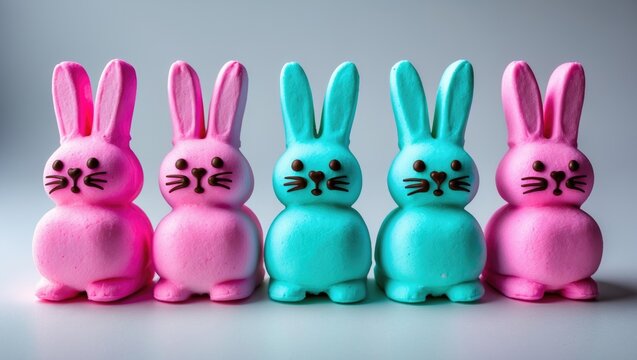 Variety of four pink and turquoise marshmallow Peep bunnies on a white background